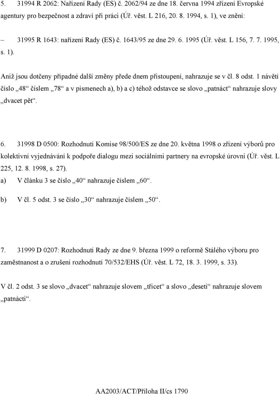 8 odst. 1 návětí číslo 48 číslem 78 a v písmenech a), b) a c) téhož odstavce se slovo patnáct nahrazuje slovy dvacet pět. 6. 31998 D 0500: Rozhodnutí Komise 98/500/ES ze dne 20.