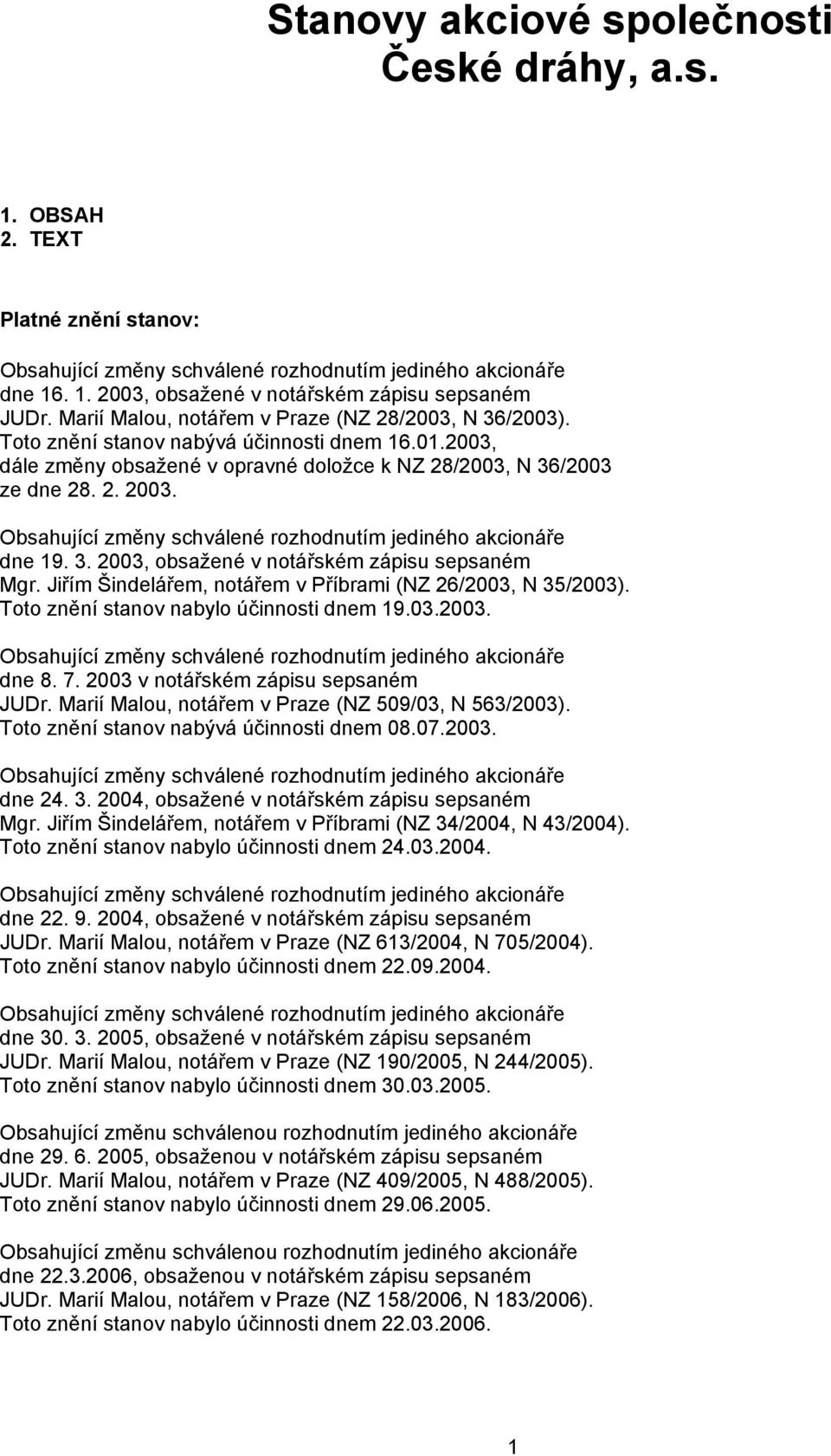 Obsahující změny schválené rozhodnutím jediného akcionáře dne 19. 3. 2003, obsažené v notářském zápisu sepsaném Mgr. Jiřím Šindelářem, notářem v Příbrami (NZ 26/2003, N 35/2003).