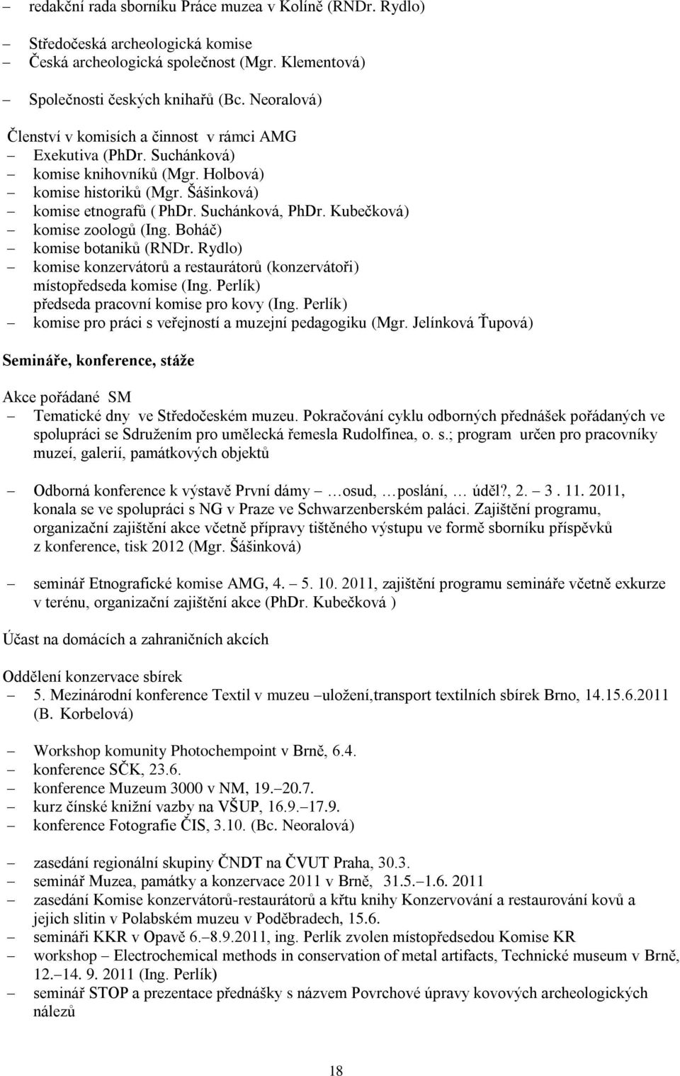 Kubečková) komise zoologů (Ing. Boháč) komise botaniků (RNDr. Rydlo) komise konzervátorů a restaurátorů (konzervátoři) místopředseda komise (Ing. Perlík) předseda pracovní komise pro kovy (Ing.