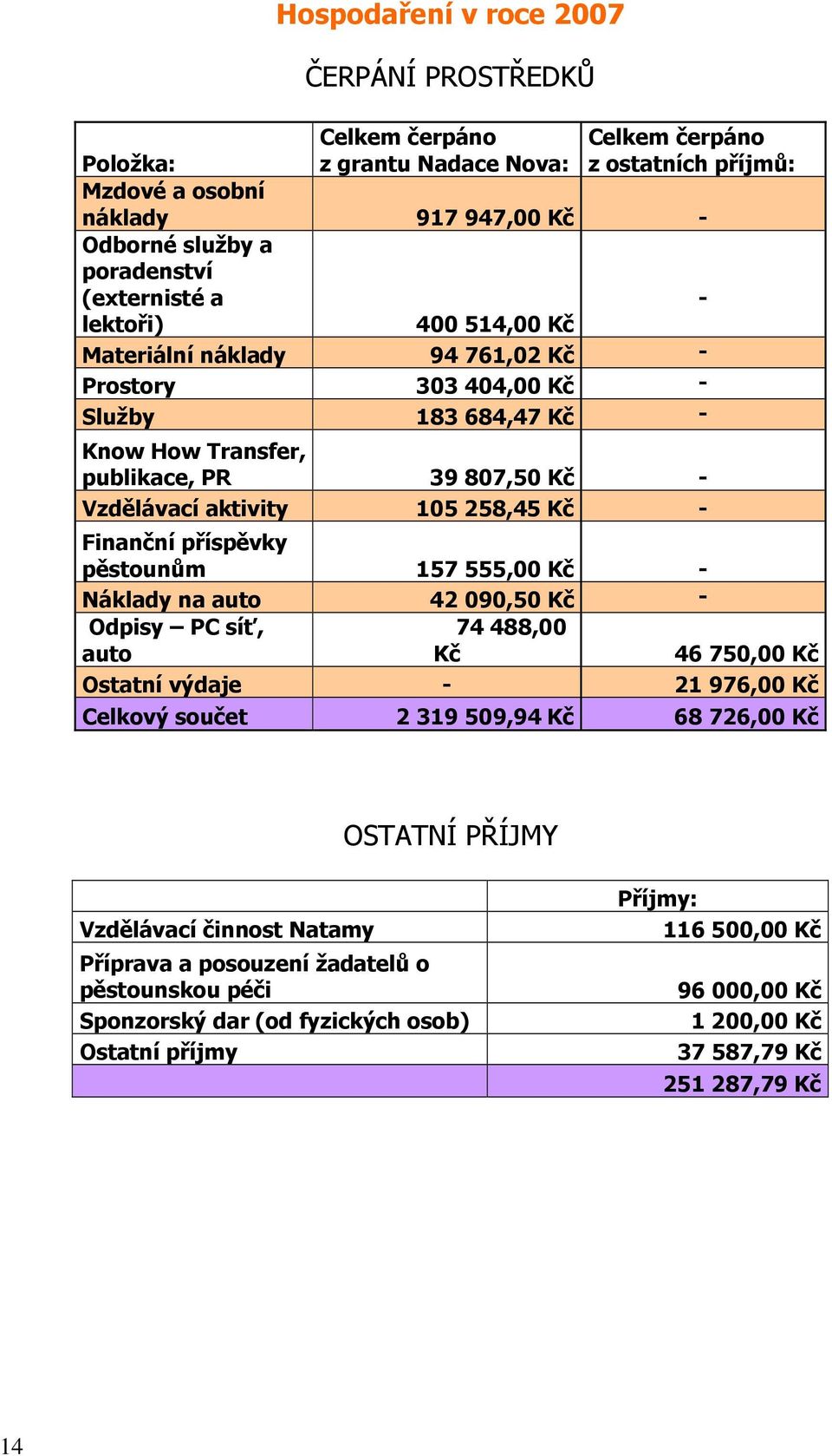 Kč - Finanční příspěvky pěstounům 157 555,00 Kč - Náklady na auto 42 090,50 Kč - Odpisy PC síť, auto 74 488,00 Kč 46 750,00 Kč Ostatní výdaje - 21 976,00 Kč Celkový součet 2 319 509,94 Kč 68 726,00