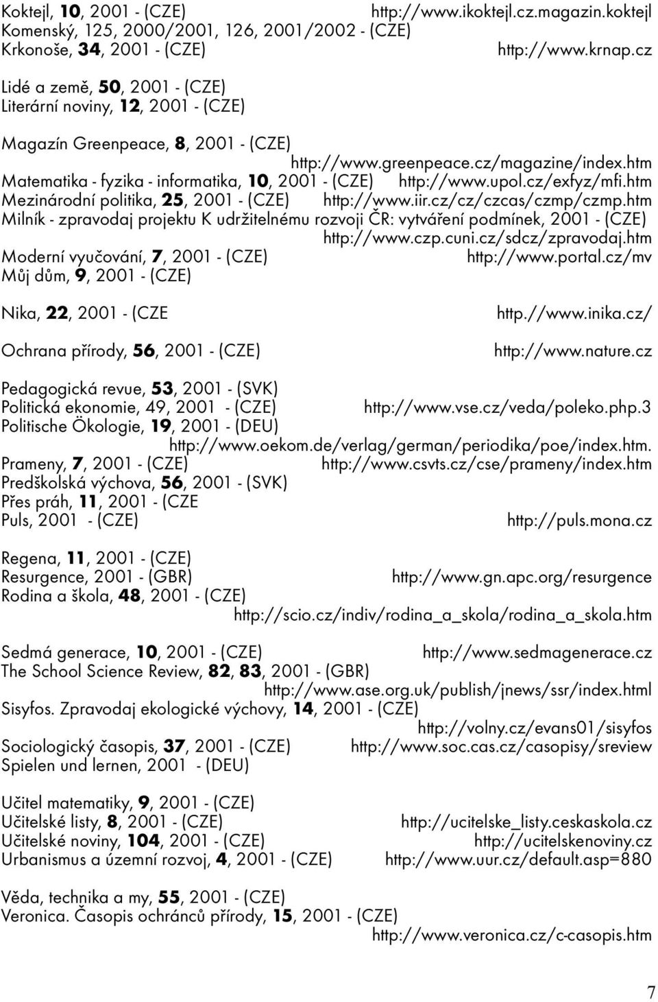 htm Matematika - fyzika - informatika, 10, 2001 - (CZE) http://www.upol.cz/exfyz/mfi.htm Mezinárodní politika, 25, 2001 - (CZE) http://www.iir.cz/cz/czcas/czmp/czmp.