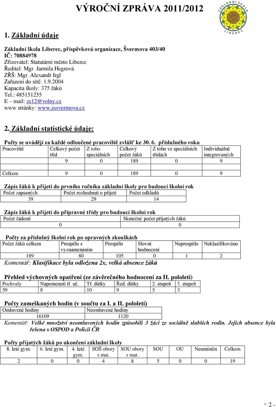 Základní statistické údaje: Počty se uvádějí za každé odloučené pracoviště zvlášť ke 30. 6.