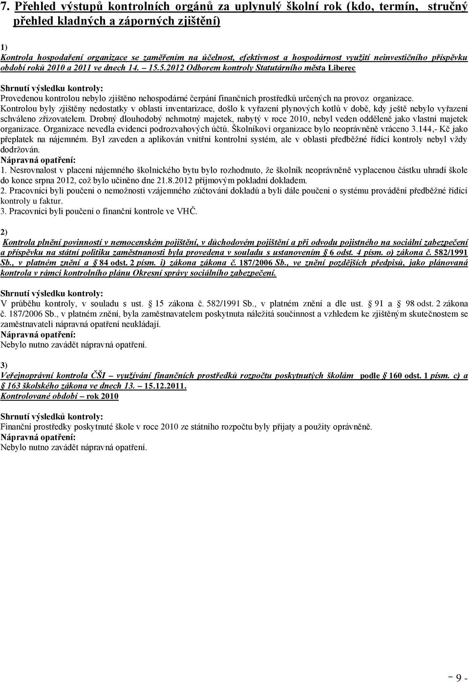 5.2012 Odborem kontroly Statutárního města Liberec Shrnutí výsledku kontroly: Provedenou kontrolou nebylo zjištěno nehospodárné čerpání finančních prostředků určených na provoz organizace.