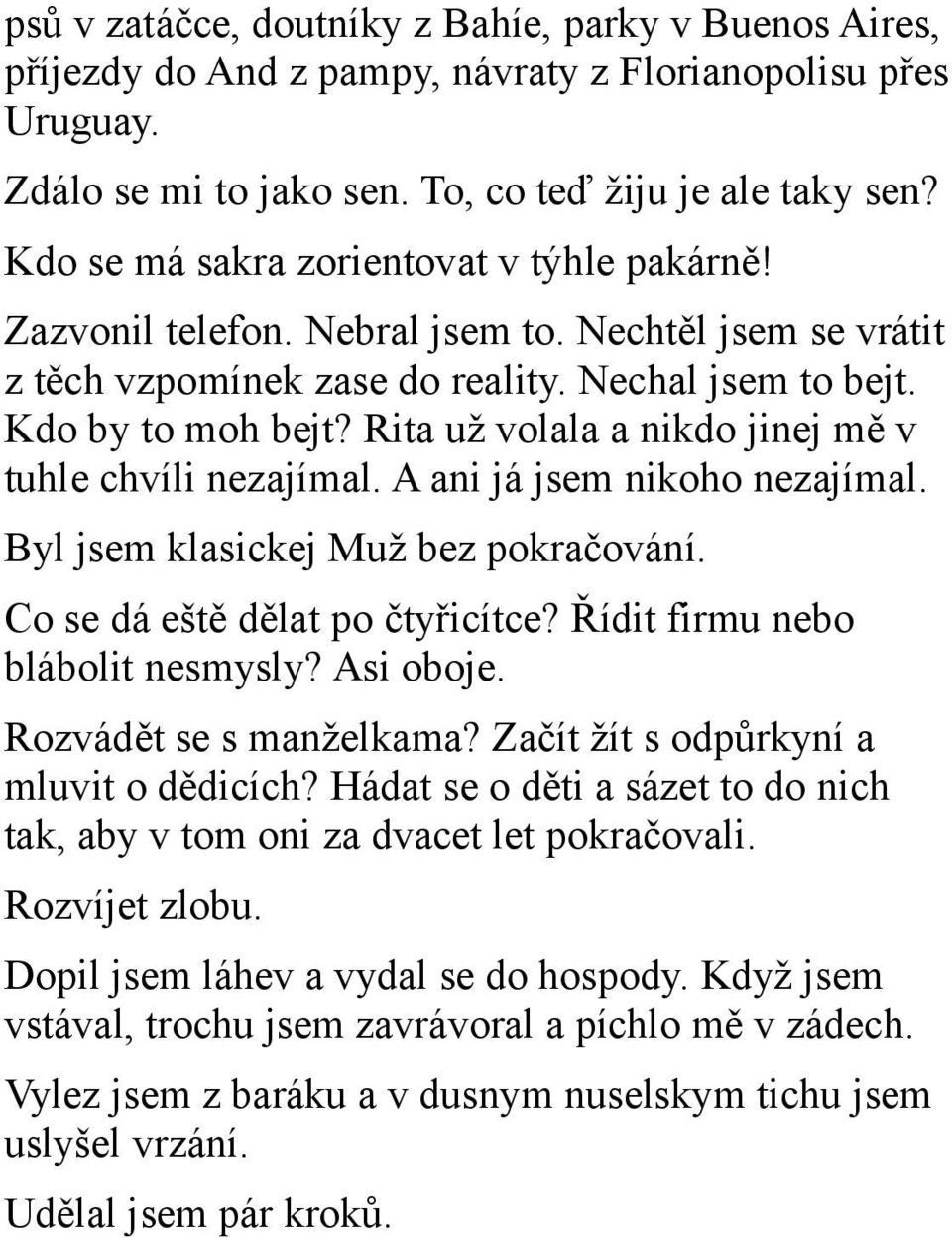 Rita už volala a nikdo jinej mě v tuhle chvíli nezajímal. A ani já jsem nikoho nezajímal. Byl jsem klasickej Muž bez pokračování. Co se dá eště dělat po čtyřicítce? Řídit firmu nebo blábolit nesmysly?