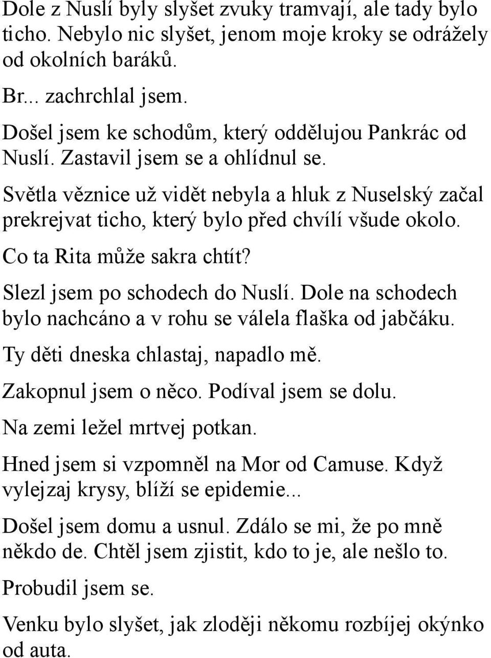 Co ta Rita může sakra chtít? Slezl jsem po schodech do Nuslí. Dole na schodech bylo nachcáno a v rohu se válela flaška od jabčáku. Ty děti dneska chlastaj, napadlo mě. Zakopnul jsem o něco.