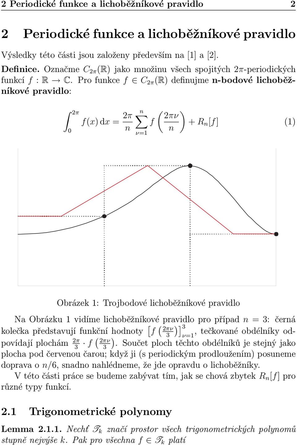 Pro funkce f C 2π R) definujme n-bodové lichoběžníkové pravidlo: 2π fx) dx = 2π n n ) 2πν f + R n [f] 1) n ν=1 Obrázek 1: Trojbodové lichoběžníkové pravidlo Na Obrázku 1 vidíme lichoběžníkové