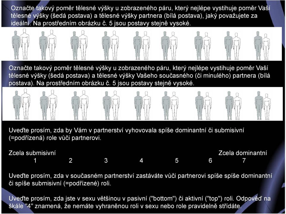 Označte takový poměr tělesné výšky u zobrazeného páru, který nejlépe vystihuje poměr Vaší tělesné výšky (šedá postava) a tělesné výšky Vašeho současného (či minulého) partnera (bílá postava).