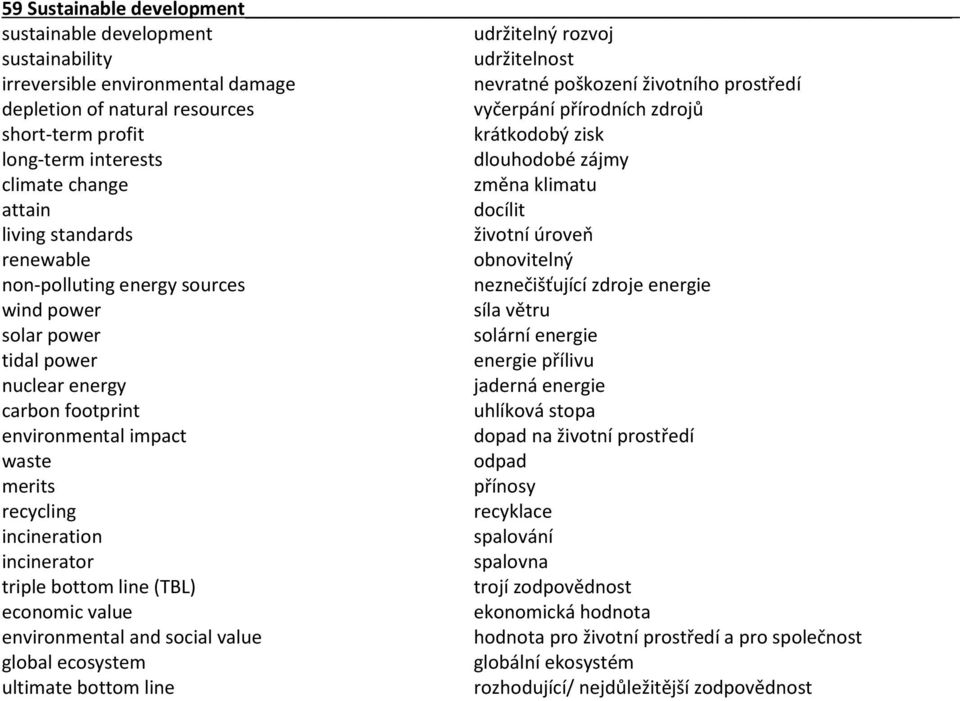 obnovitelný non-polluting energy sources neznečišťující zdroje energie wind power síla větru solar power solární energie tidal power energie přílivu nuclear energy jaderná energie carbon footprint