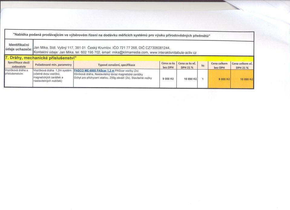 zadavatele Požadované min. parametry Typové oznacení, specifikace bez DPH DPH21 % bez DPH DPH21 % Vozfckovádráha s Vozfckovádráha 1,2m systém PASCO ME-6955PAScar 1.