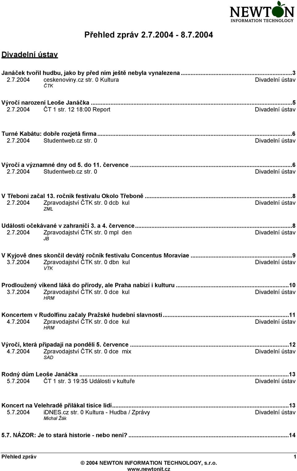 0 Divadelní ústav Výročí a významné dny od 5. do 11. července...6 2.7.2004 Studentweb.cz str. 0 Divadelní ústav V Třeboni začal 13. ročník festivalu Okolo Třeboně...8 2.7.2004 Zpravodajství ČTK str.