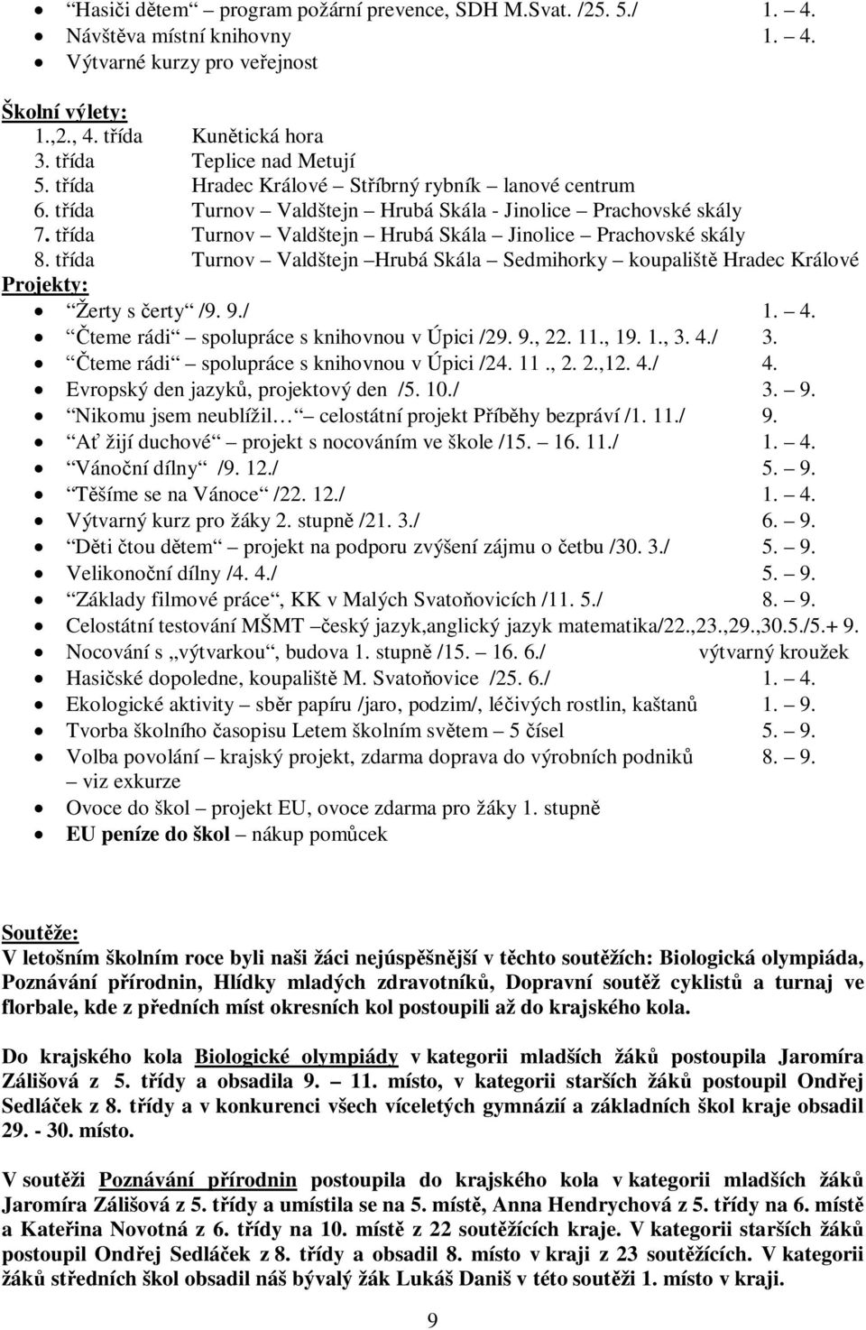 ída Turnov Valdštejn Hrubá Skála Jinolice Prachovské skály 8. t ída Turnov Valdštejn Hrubá Skála Sedmihorky koupališt Hradec Králové Projekty: Žerty s erty /9. 9./ 1. 4.