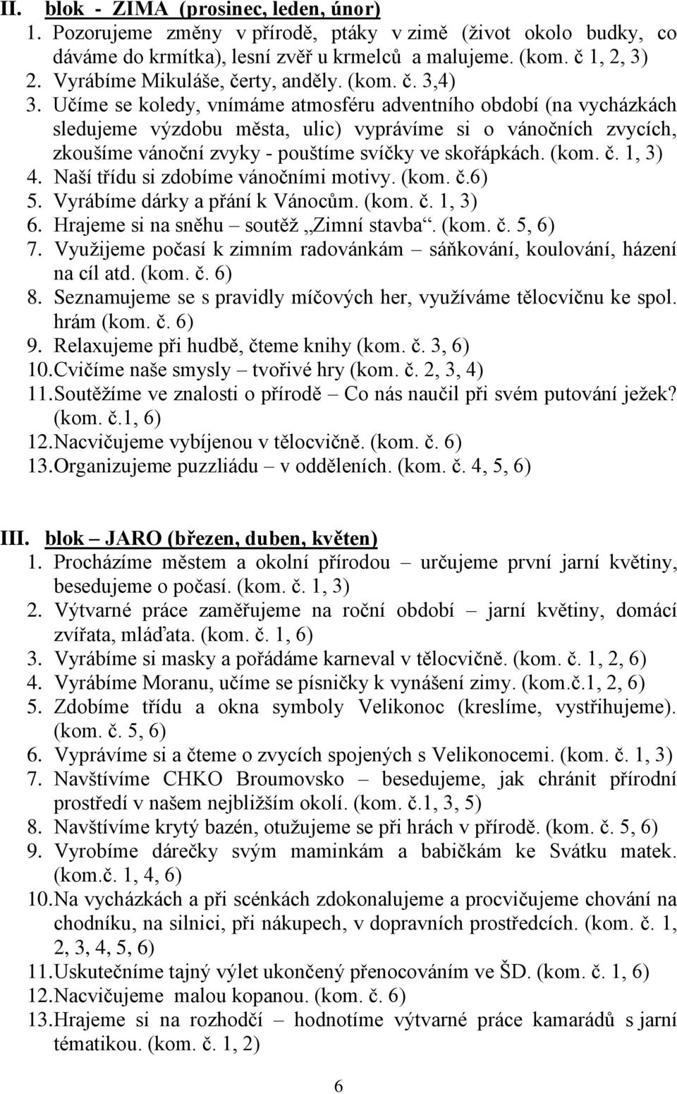 Učíme se koledy, vnímáme atmosféru adventního období (na vycházkách sledujeme výzdobu města, ulic) vyprávíme si o vánočních zvycích, zkoušíme vánoční zvyky - pouštíme svíčky ve skořápkách. (kom. č.