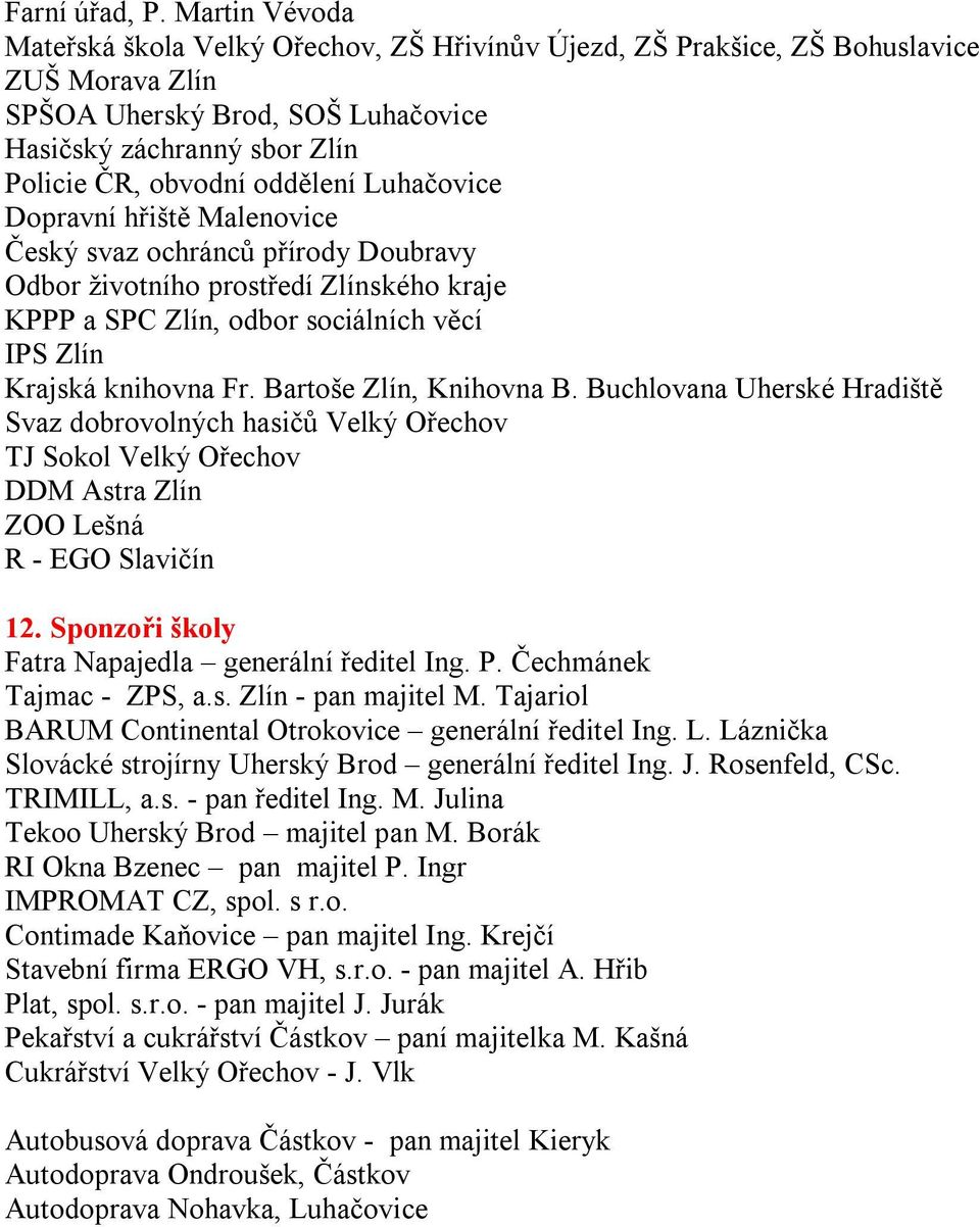 Luhačovice Dopravní hřiště Malenovice Český svaz ochránců přírody Doubravy Odbor životního prostředí Zlínského kraje KPPP a SPC Zlín, odbor sociálních věcí IPS Zlín Krajská knihovna Fr.