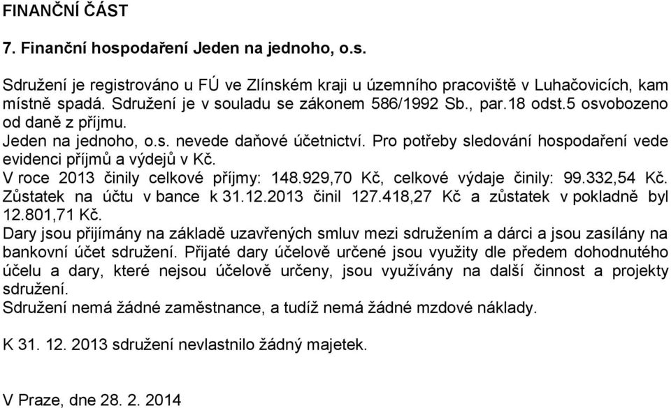 Pro potřeby sledování hospodaření vede evidenci příjmů a výdejů v Kč. V roce 2013 činily celkové příjmy: 148.929,70 Kč, celkové výdaje činily: 99.332,54 Kč. Zůstatek na účtu v bance k 31.12.