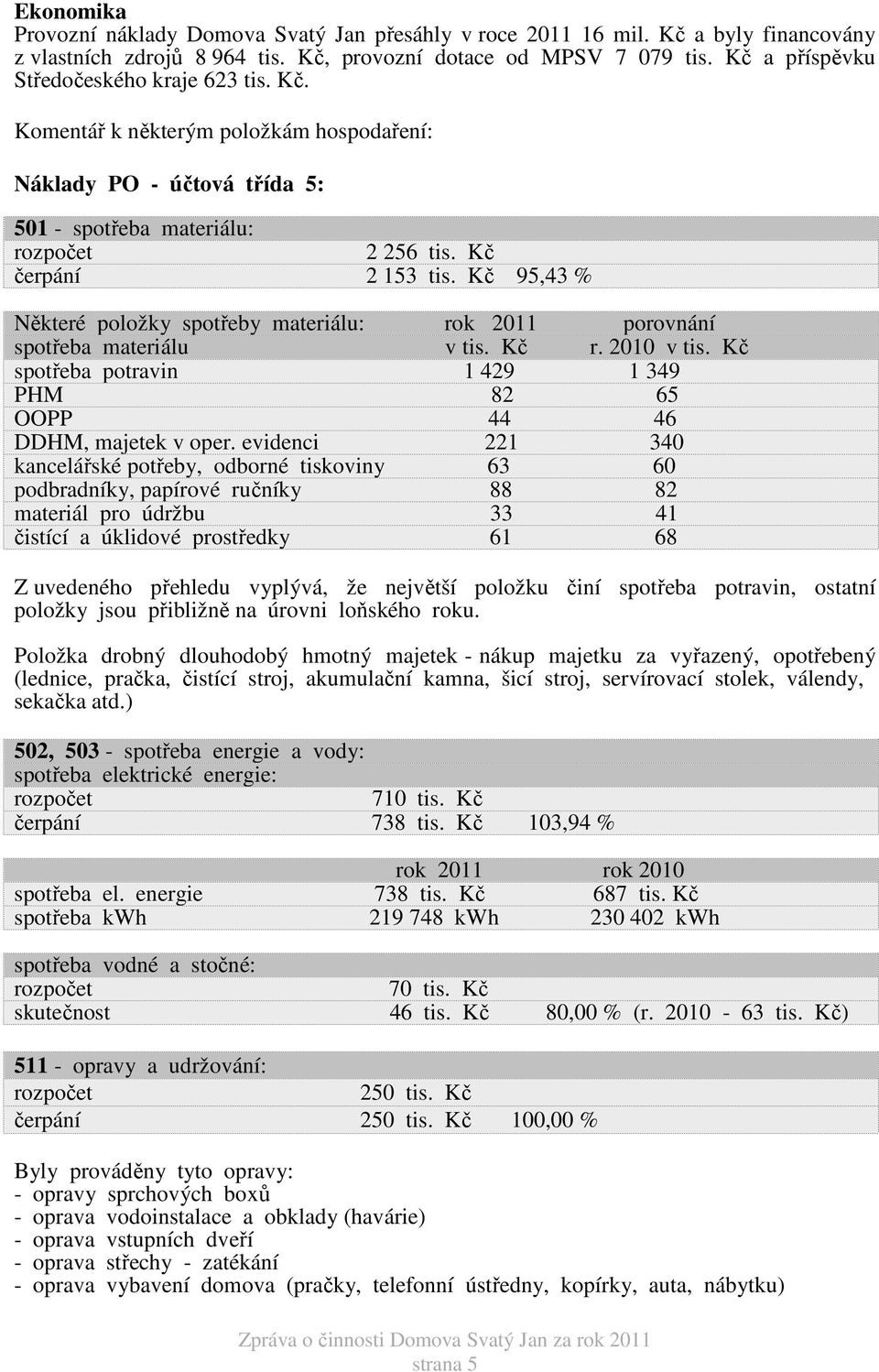 Kč 95,43 % Některé položky spotřeby materiálu: rok 2011 porovnání spotřeba materiálu v tis. Kč r. 2010 v tis. Kč spotřeba potravin 1 429 1 349 PHM 82 65 OOPP 44 46 DDHM, majetek v oper.