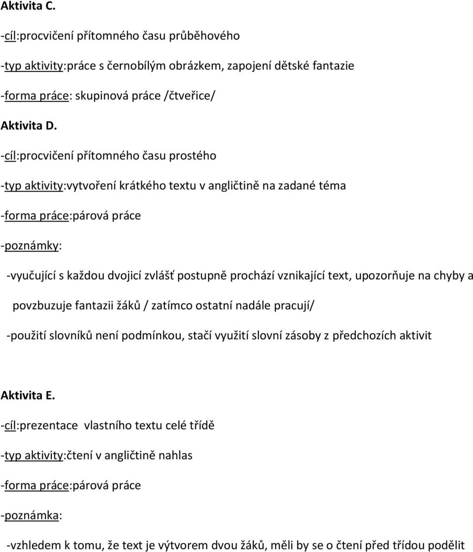 prochází vznikající text, upozorňuje na chyby a povzbuzuje fantazii žáků / zatímco ostatní nadále pracují/ -použití slovníků není podmínkou, stačí využití slovní zásoby z předchozích aktivit