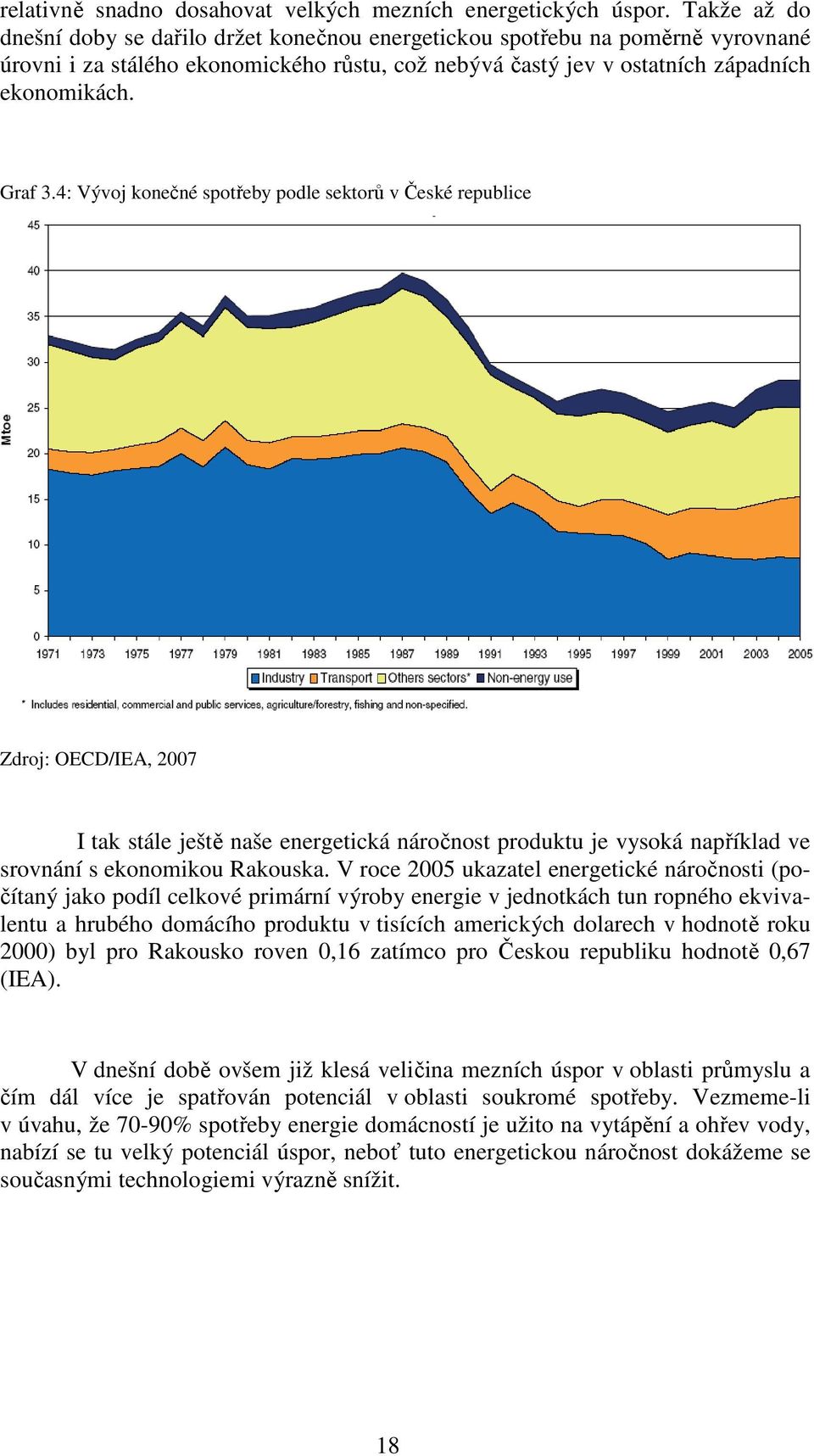 4: Vývoj konečné spotřeby podle sektorů v České republice Zdroj: OECD/IEA, 2007 I tak stále ještě naše energetická náročnost produktu je vysoká například ve srovnání s ekonomikou Rakouska.