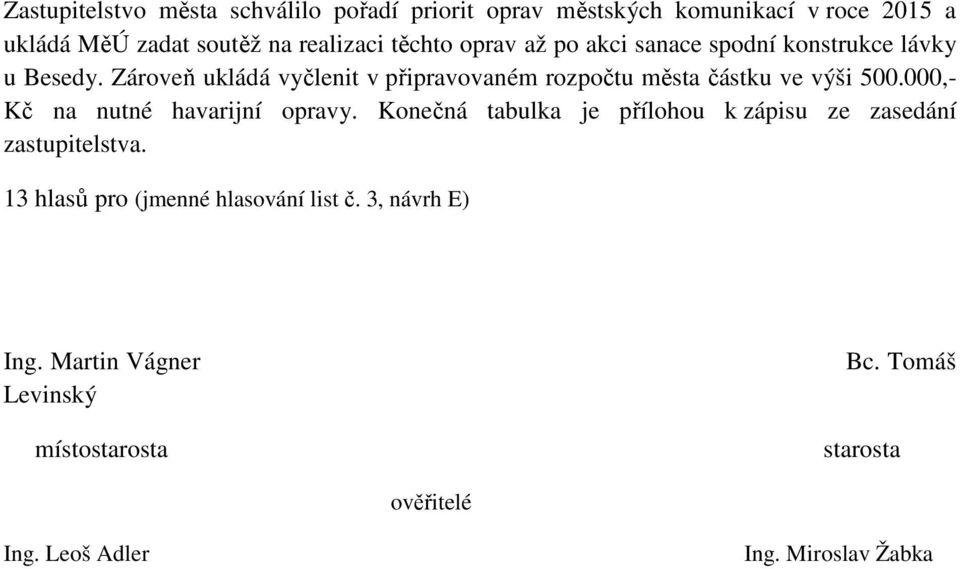 Zároveň ukládá vyčlenit v připravovaném rozpočtu města částku ve výši 500.000,- Kč na nutné havarijní opravy.