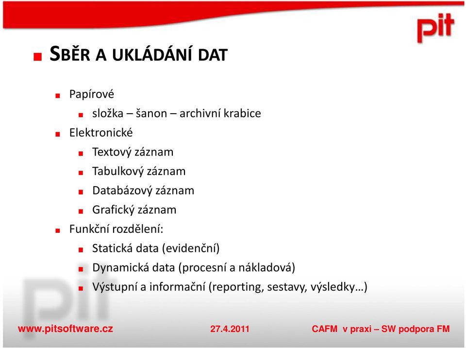 Grafický záznam Funkční rozdělení: Statická data (evidenční)