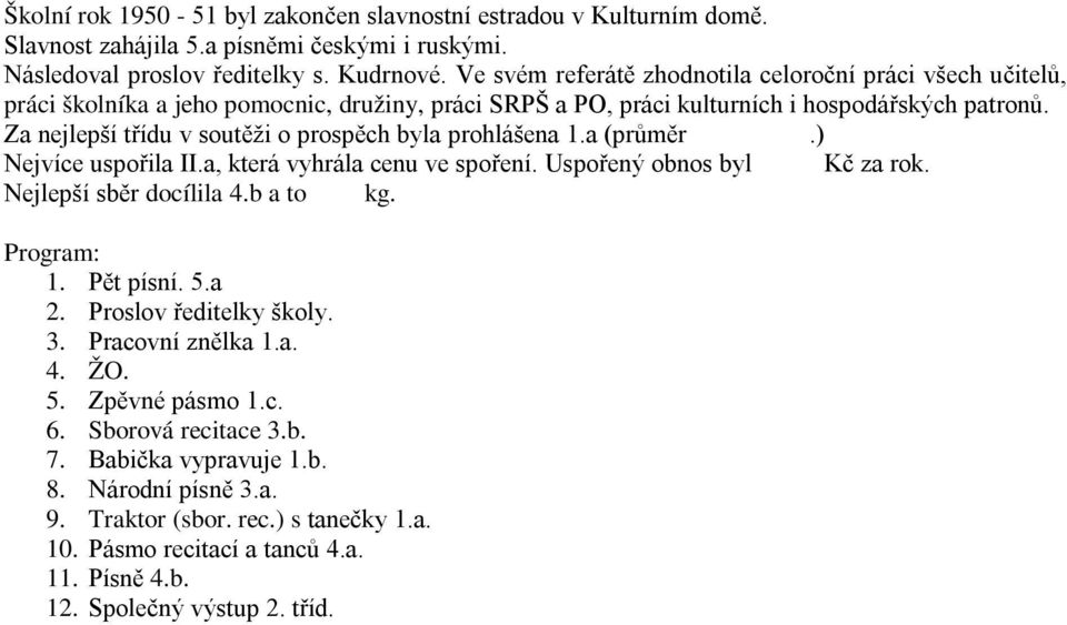 Za nejlepší třídu v soutěži o prospěch byla prohlášena 1.a (průměr.) Nejvíce uspořila II.a, která vyhrála cenu ve spoření. Uspořený obnos byl Kč za rok. Nejlepší sběr docílila 4.b a to kg. 1. Pět písní.