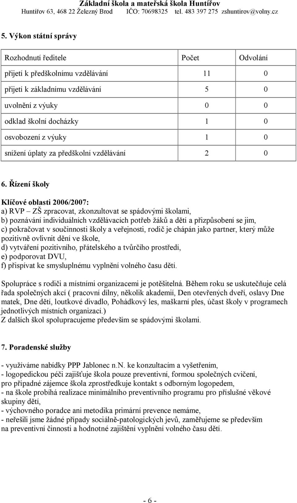 Řízení školy Klíčové oblasti 2006/2007: a) RVP ZŠ zpracovat, zkonzultovat se spádovými školami, b) poznávání individuálních vzdělávacích potřeb žáků a dětí a přizpůsobení se jim, c) pokračovat v