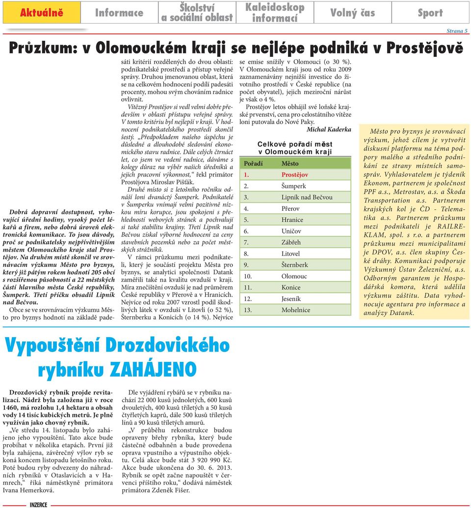 Na druhém místě skončil ve srovnávacím výzkumu Město pro byznys, který již pátým rokem hodnotí 205 obcí s rozšířenou působností a 22 městských částí hlavního města České republiky, Šumperk.