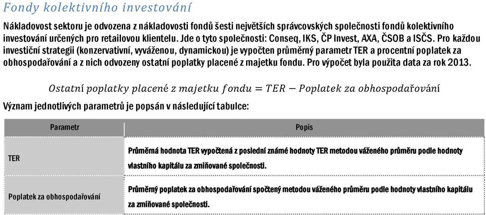 Pro každou investiční strategii (konzervativní, vyváženou, dynamickou) je vypočten průměrný parametr TER a procentní poplatek za obhospodařování a z nich odvozeny ostatní poplatky placené z majetku