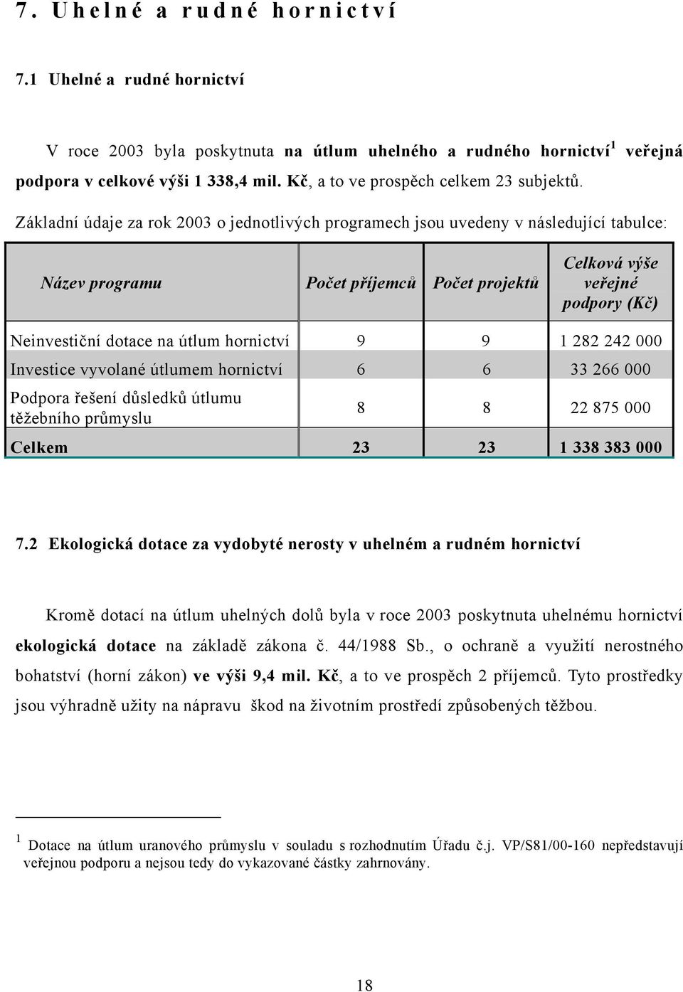 veřejná Základní údaje za rok 2003 o jednotlivých programech jsou uvedeny v následující tabulce: Název programu Počet příjemců Počet projektů Celková výše veřejné podpory (Kč) Neinvestiční dotace na