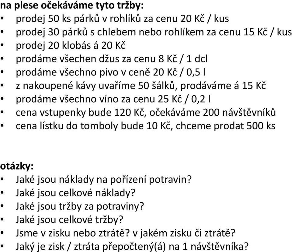 cena vstupenky bude 120 Kč, očekáváme 200 návštěvníků cena lístku do tomboly bude 10 Kč, chceme prodat 500 ks otázky: Jaké jsou náklady na pořízení potravin?