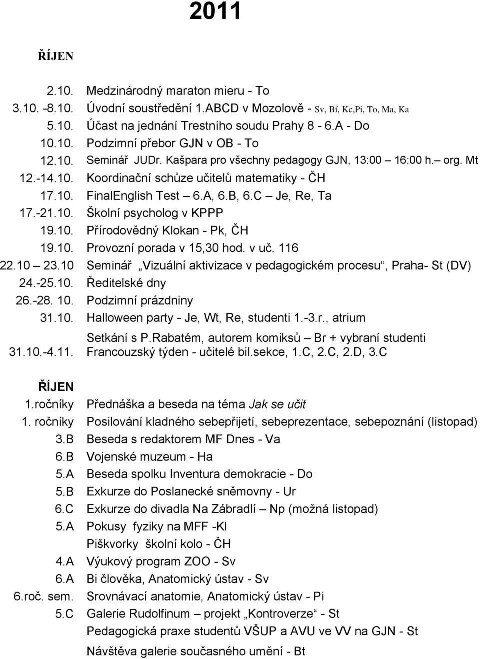 10. Přírodovědný Klokan - Pk, ČH 19.10. Provozní porada v 15,30 hod. v uč. 116 22.10 23.10 Seminář Vizuální aktivizace v pedagogickém procesu, Praha- St (DV) 24.-25.10. Ředitelské dny 26.-28. 10.