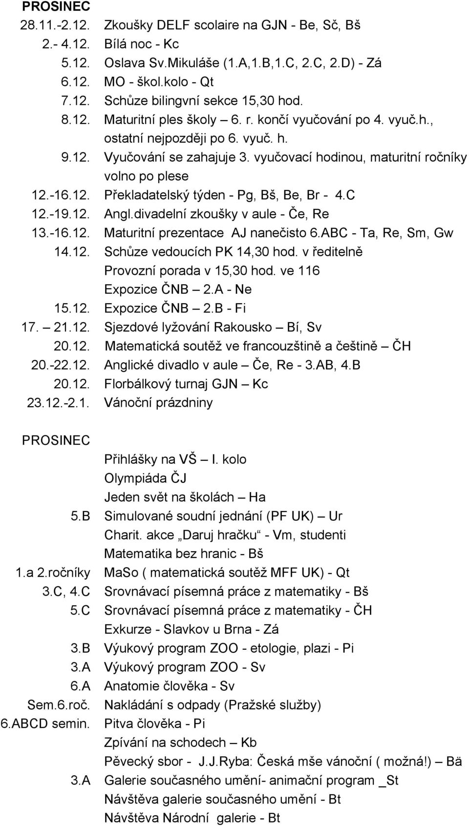 C 12.-19.12. Angl.divadelní zkoušky v aule - Če, Re 13.-16.12. Maturitní prezentace AJ nanečisto 6.ABC - Ta, Re, Sm, Gw 14.12. Schůze vedoucích PK 14,30 hod. v ředitelně Provozní porada v 15,30 hod.