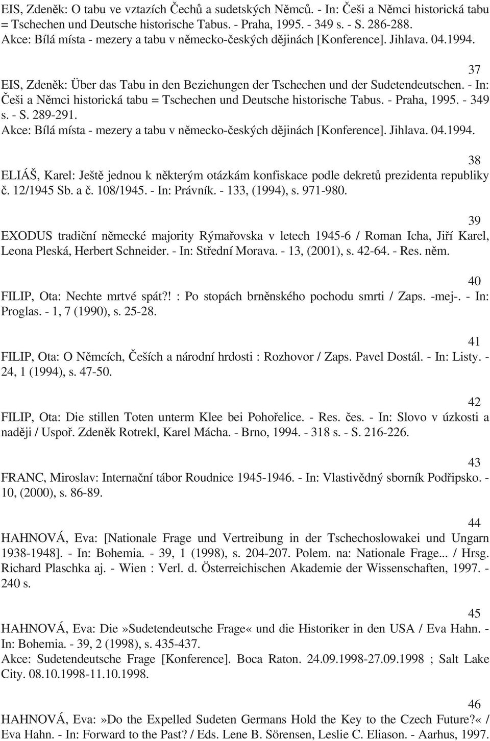 - In: eši a N mci historická tabu = Tschechen und Deutsche historische Tabus. - Praha, 1995. - 349 s. - S. 289-291. Akce: Bílá místa - mezery a tabu v n mecko- eských d jinách [Konference]. Jihlava.