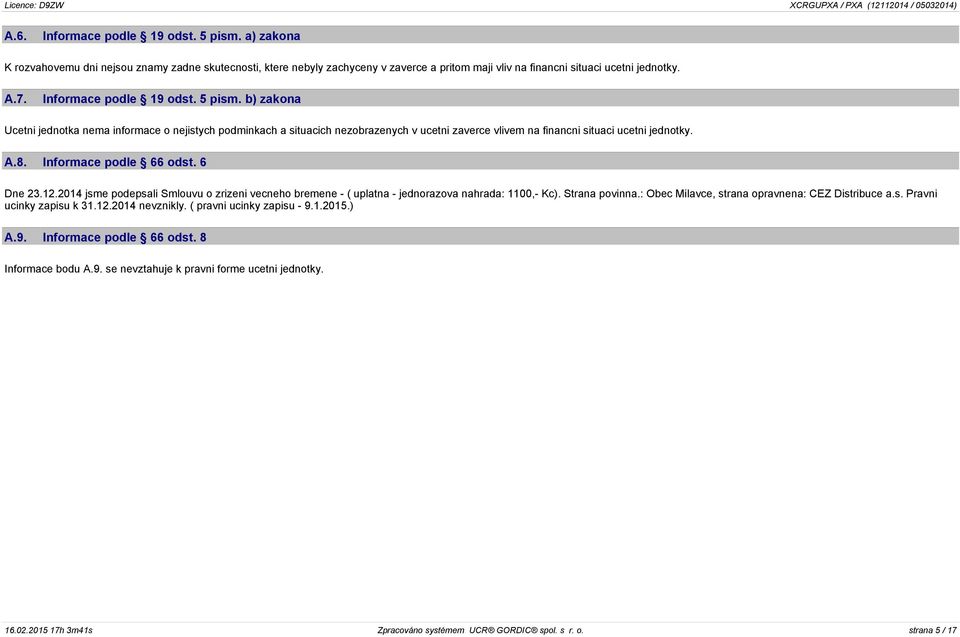 Informace podle 66 odst. 6 Dne 23.12.2014 jsme podepsali Smlouvu o zrizeni vecneho bremene - ( uplatna - jednorazova nahrada: 1100,- Kc). Strana povinna.