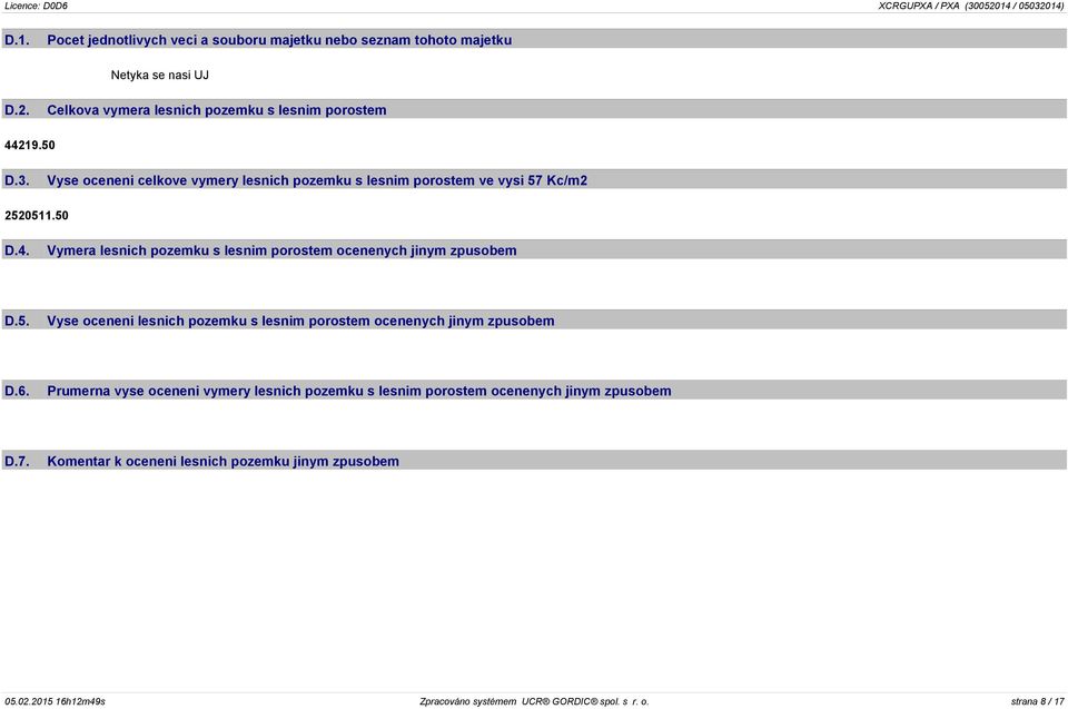Vymera lesnich pozemku s lesnim porostem ocenenych jinym zpusobem D.5. Vyse oceneni lesnich pozemku s lesnim porostem ocenenych jinym zpusobem D.6.