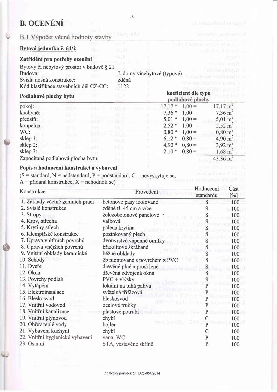 ' Zartiidbni pro potieby ocen6ni Bytovy di nebytovli prostor v budovd $ 21 Budova: visl6 nosn6 konstrukce: K6d klasifikace stavebnich d6l CZ-CC: ll22 odlahov6 plochy bytu kuchynd: piedsii: koupelna: