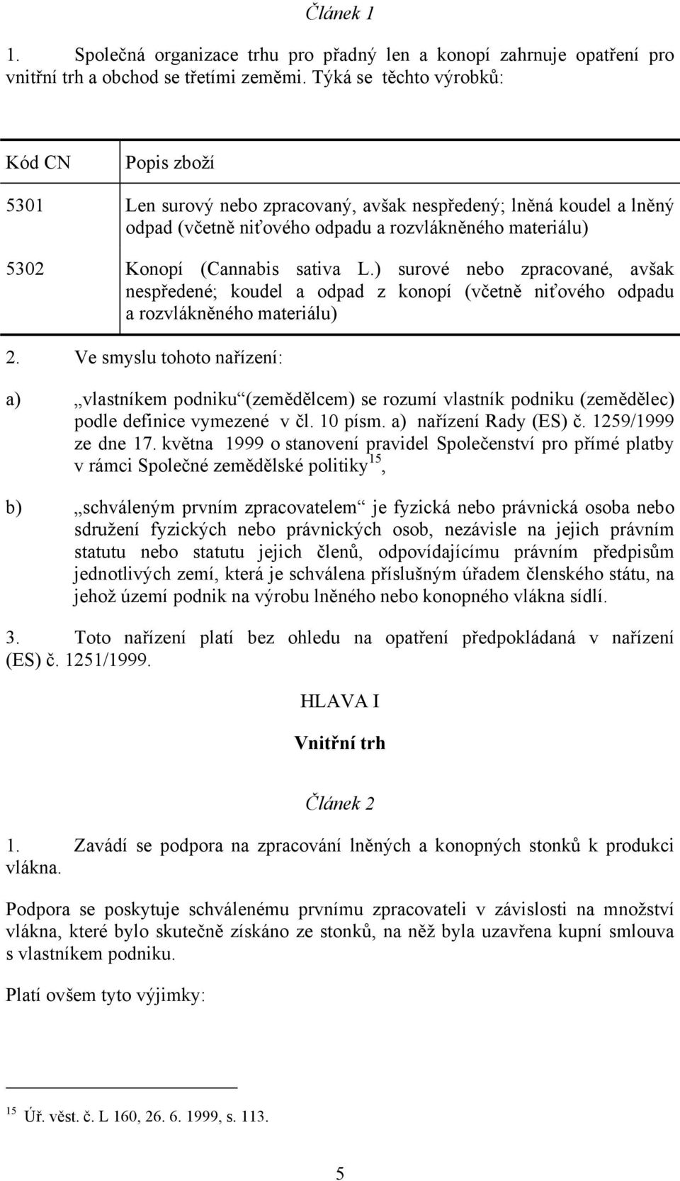 sativa L.) surové nebo zpracované, avšak nespředené; koudel a odpad z konopí (včetně niťového odpadu a rozvlákněného materiálu) 2.