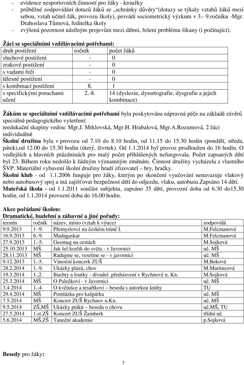 Žáci se speciálními vzdělávacími potřebami: druh postižení ročník žáků sluchové postižení - 0 zrakové postižení - 0 s vadami řeči - 0 tělesné postižení - 0 s kombinací postižení 8.