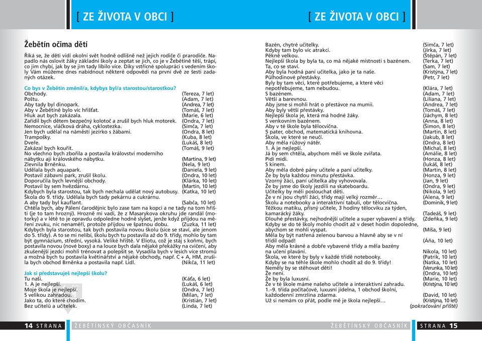 Díky vstřícné spolupráci s vedením školy Vám můžeme dnes nabídnout některé odpovědi na první dvě ze šesti zadaných otázek. Co bys v Žebětín změnil/a, kdybys byl/a starostou/starostkou? Obchody.