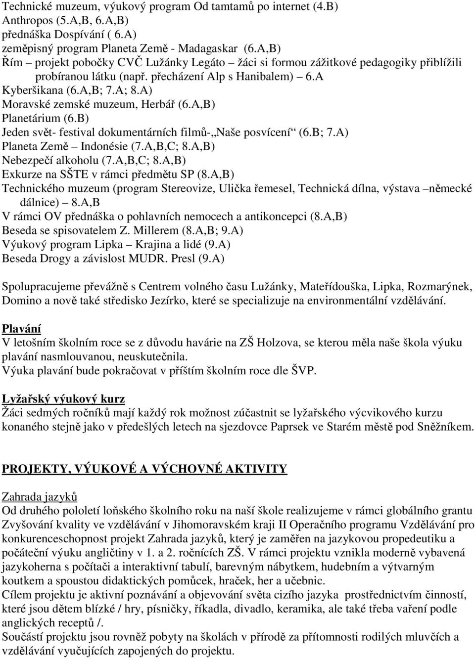 A) Moravské zemské muzeum, Herbář (6.A,B) Planetárium (6.B) Jeden svět- festival dokumentárních filmů- Naše posvícení (6.B; 7.A) Planeta Země Indonésie (7.A,B,C; 8.