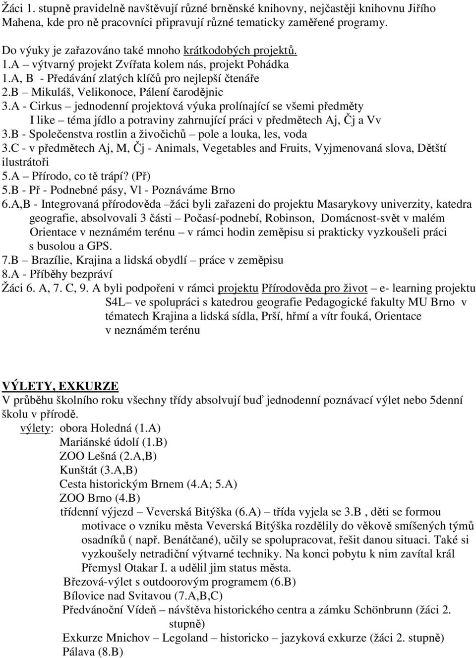 B Mikuláš, Velikonoce, Pálení čarodějnic 3.A - Cirkus jednodenní projektová výuka prolínající se všemi předměty I like téma jídlo a potraviny zahrnující práci v předmětech Aj, Čj a Vv 3.