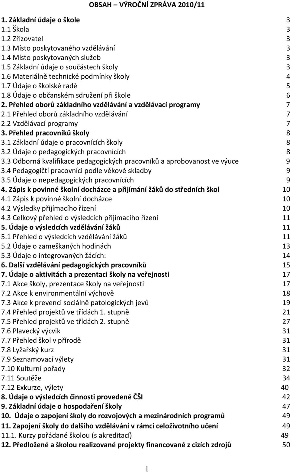 1 Přehled oborů základního vzdělávání 7 2.2 Vzdělávací programy 7 3. Přehled pracovníků školy 8 3.1 Základní údaje o pracovnících školy 8 3.2 Údaje o pedagogických pracovnících 8 3.