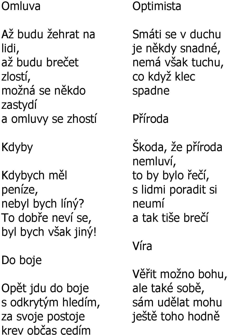 Do boje Opět jdu do boje s odkrytým hledím, za svoje postoje krev občas cedím Optimista Smáti se v duchu je někdy snadné,