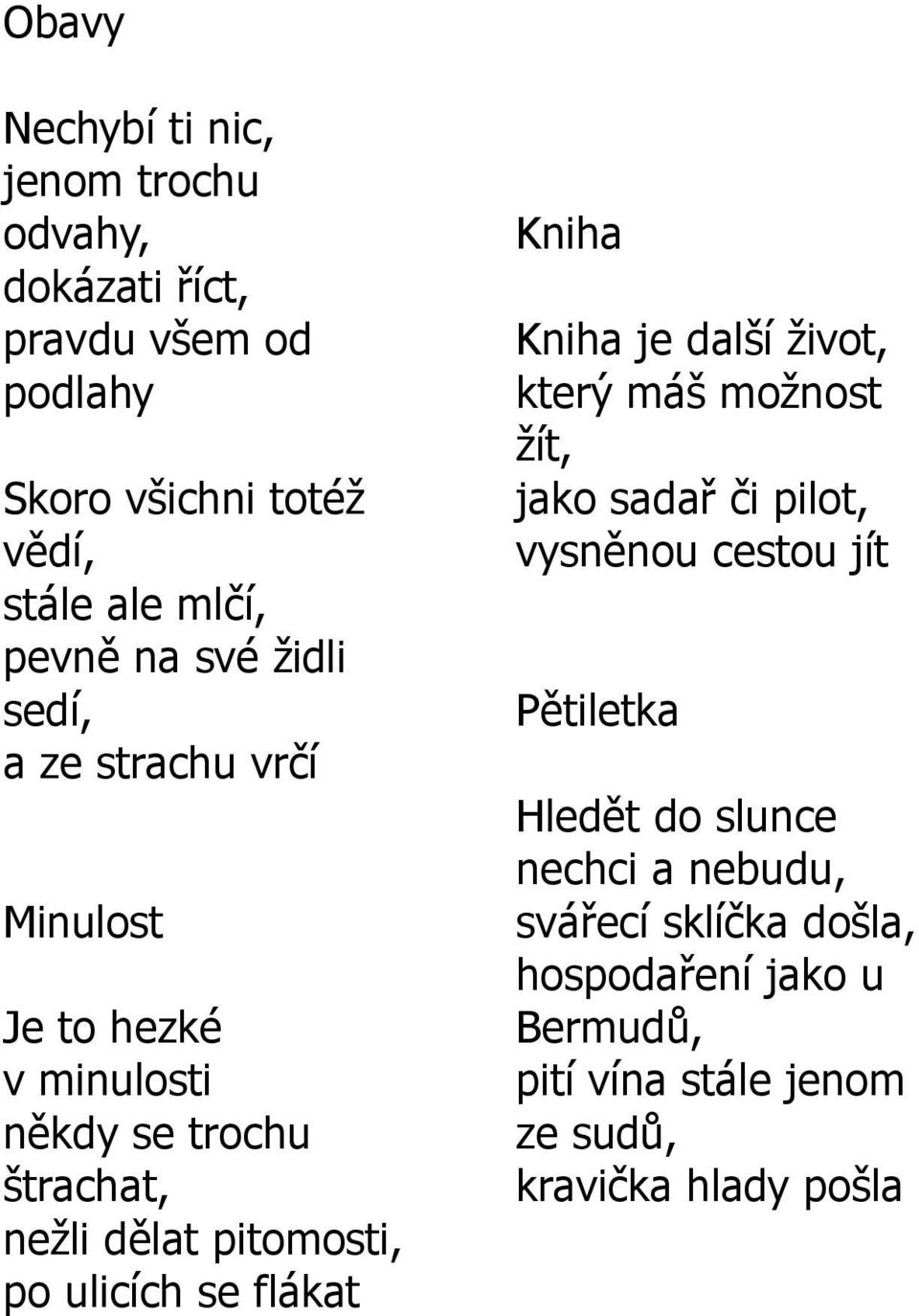 po ulicích se flákat Kniha Kniha je další ţivot, který máš moţnost ţít, jako sadař či pilot, vysněnou cestou jít Pětiletka