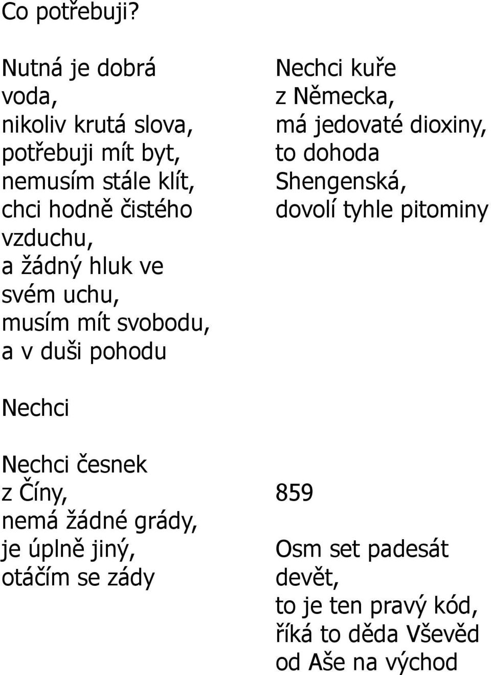 a ţádný hluk ve svém uchu, musím mít svobodu, a v duši pohodu Nechci kuře z Německa, má jedovaté dioxiny, to