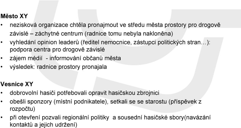 města výsledek: radnice prostory pronajala Vesnice XY dobrovolní hasiči potřebovali opravit hasičskou zbrojnici obešli sponzory (místní