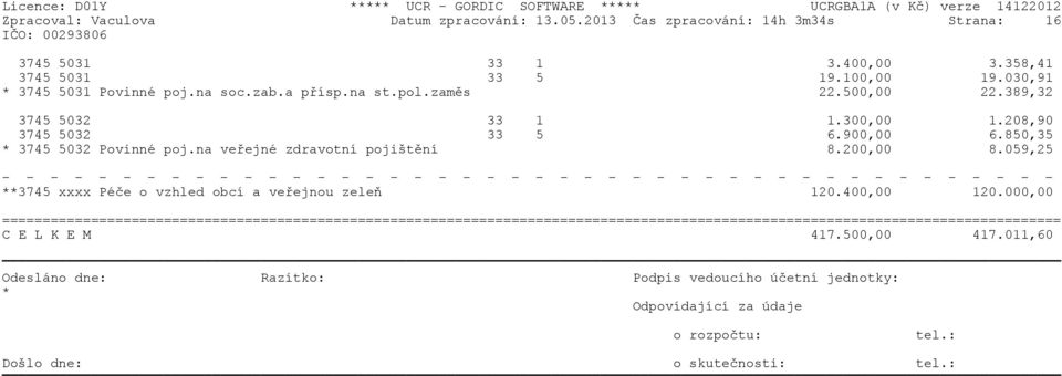 850,35 * 3745 5032 Povinné poj.na veøejné zdravotní pojištìní 8.200,00 8.