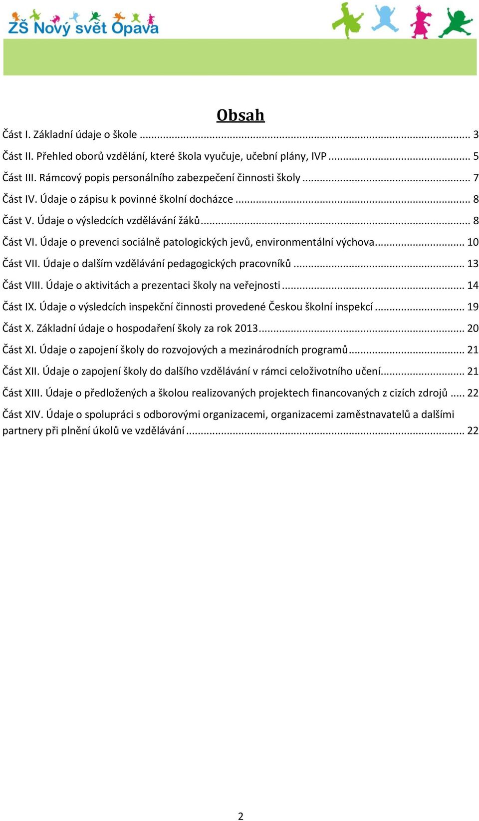 Údaje o dalším vzdělávání pedagogických pracovníků... 13 Část VIII. Údaje o aktivitách a prezentaci školy na veřejnosti... 14 Část IX.