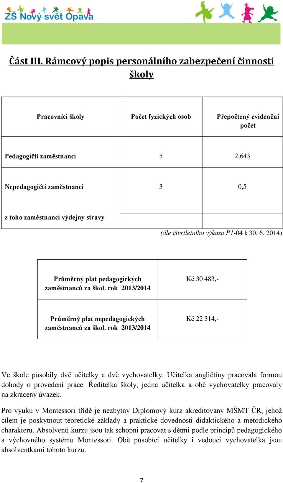 zaměstnanci výdejny stravy (dle čtvrtletního výkazu P1-04 k 30. 6. 2014) Průměrný plat pedagogických zaměstnanců za škol. rok 2013/2014 Kč 30 483,- Průměrný plat nepedagogických zaměstnanců za škol.