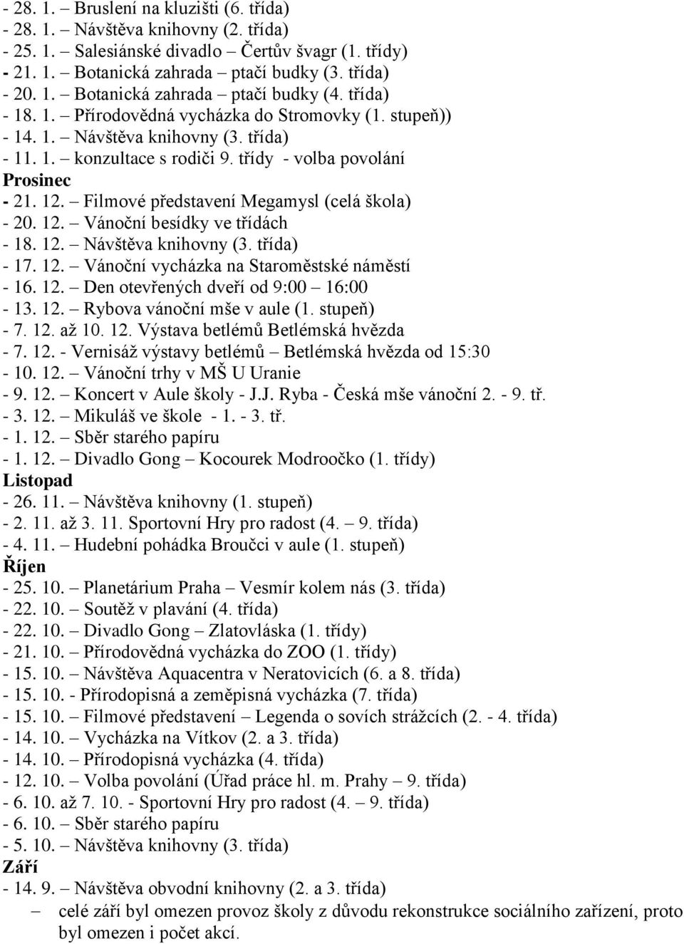 Filmové představení Megamysl (celá škola) - 20. 12. Vánoční besídky ve třídách - 18. 12. Návštěva knihovny (3. třída) - 17. 12. Vánoční vycházka na Staroměstské náměstí - 16. 12. Den otevřených dveří od 9:00 16:00-13.