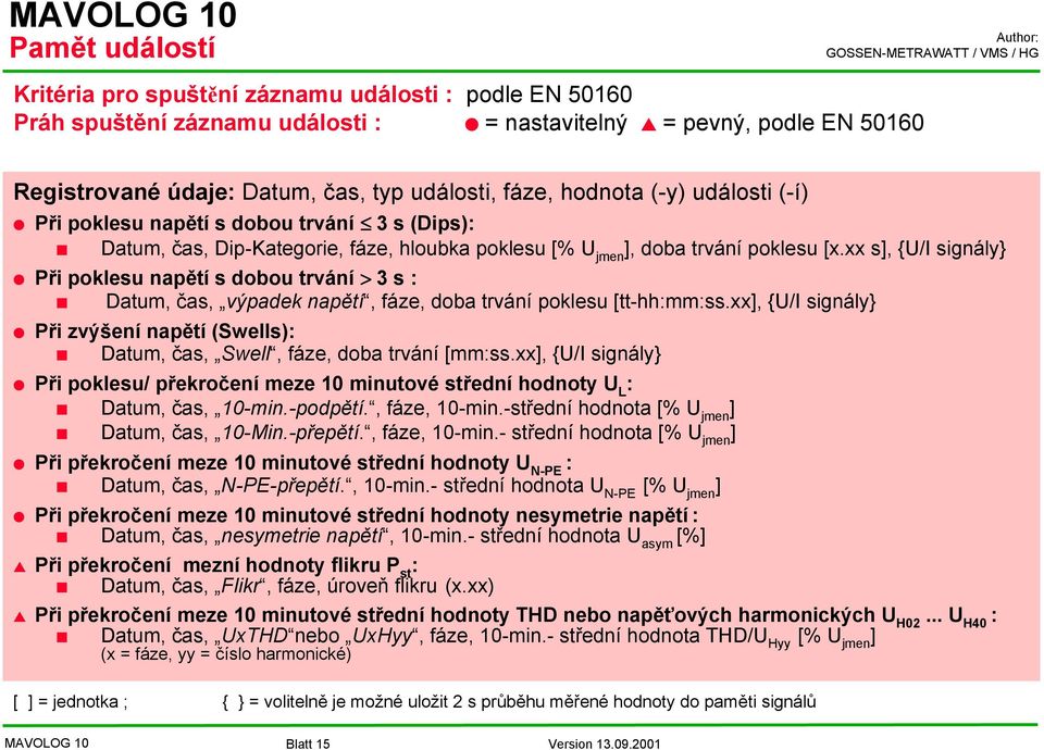 xx s], {U/I signály} Při poklesu napětí s dobou trvání > 3 s : Datum, čas, výpadek napětí, fáze, doba trvání poklesu [tt-hh:mm:ss.